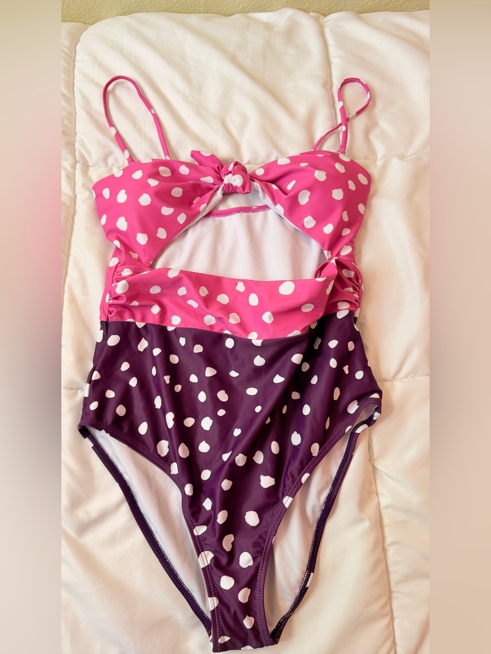 Polka Dot Cutout One-Piece Swimsuit - Pink & Purple